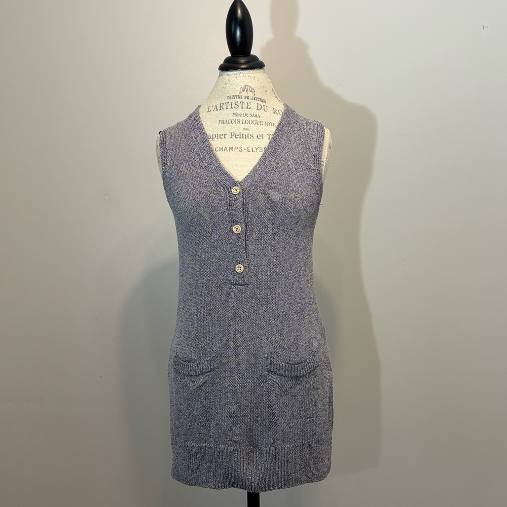 Massimo Dutti Italian Yarn Blue And White Sleeveless V-Neck Knit Tunic Size XS